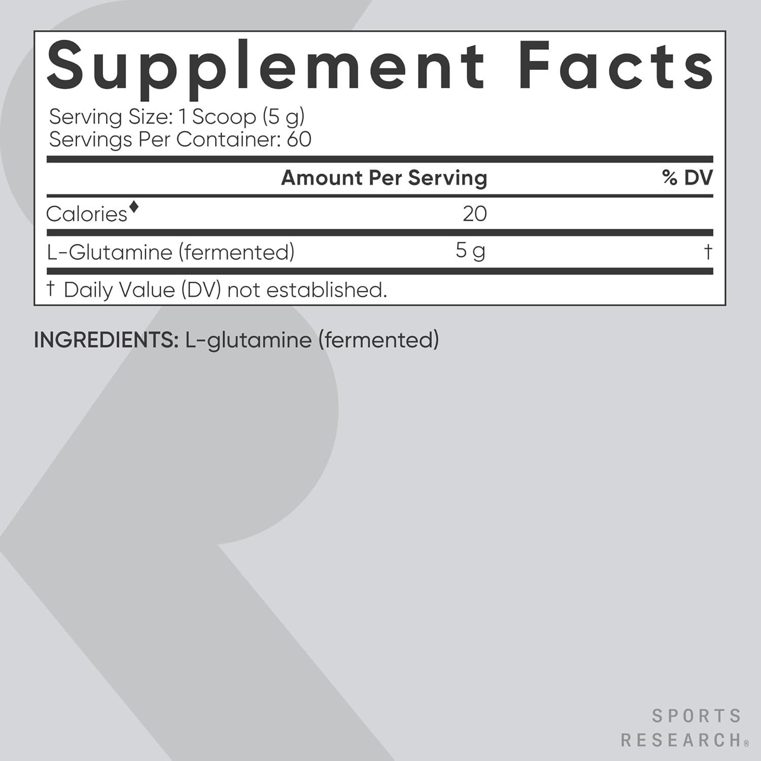 Sports Research L-Glutamine Powder - 5g for Recovery & Gut Health - 10.58 Oz