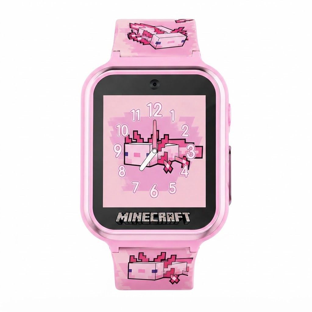 Minecraft Kids Smartwatch – Pink Axolotl Design, Selfie Camera, 10 Watch Faces, Games, Step Counter, Voice Recorder, Alarm & Timer