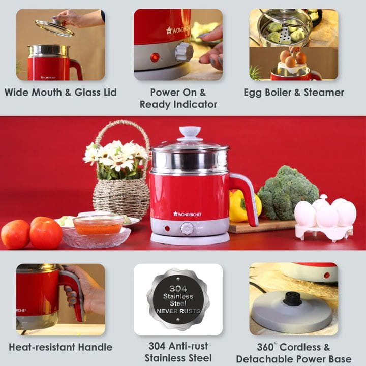 وندرشيف غلاية كهربائية متعددة الطهي 1.2 لتر 1000 واط – أحمر | 63153696