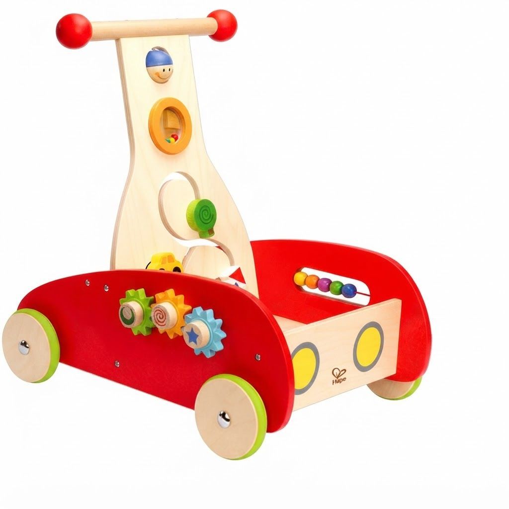 Hape Wonder Walker Wooden Toddler Push and Pull Activity Toy - Rolling Baby Walker with Gears, Red