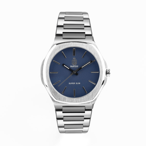 Saatchi Super Slim Pattern Dial Blue Watch, 42mm Stainless Steel Case, Miyota 9T22 Quartz Movement, Brushed Steel Bracelet, Mineral Glass, 5 ATM Water Resistant