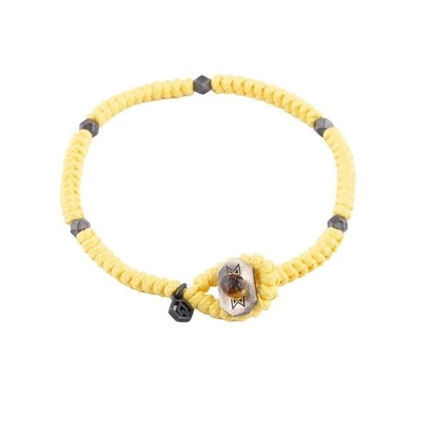 Atolyewolf Snake Knot Bracelet, Yellow Waxed Cord Design, Oxide Plated 925 Sterling Silver Octaballs, Button Closure & Logo
