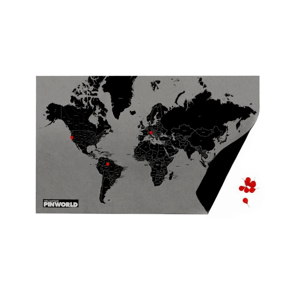 Palomar PinWorld Map by Countries Medium, 124 x 66cm Polymer Felt Pinnable World Map, 15 Red Pins - Black