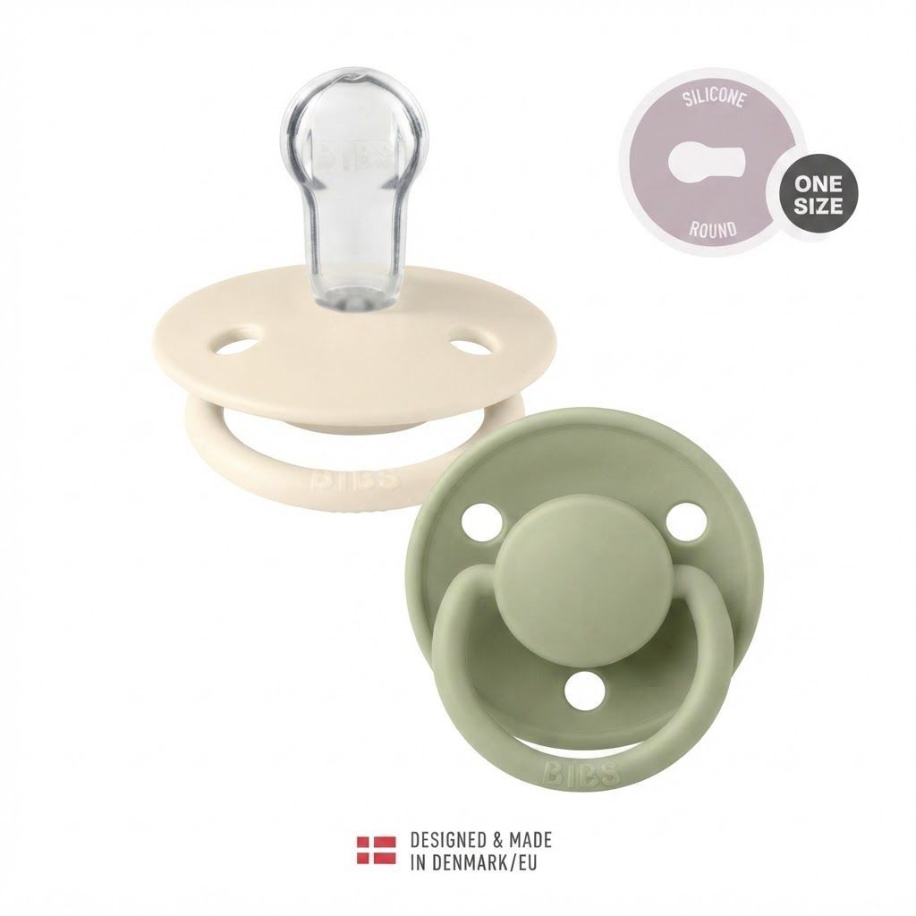 BIBS De Lux Pacifiers Size 1 0-3 Years 2 Pack, Soothing Silicone Nipple, Anatomical Shape, Lightweight And Breathable Design - Ivory/Sage