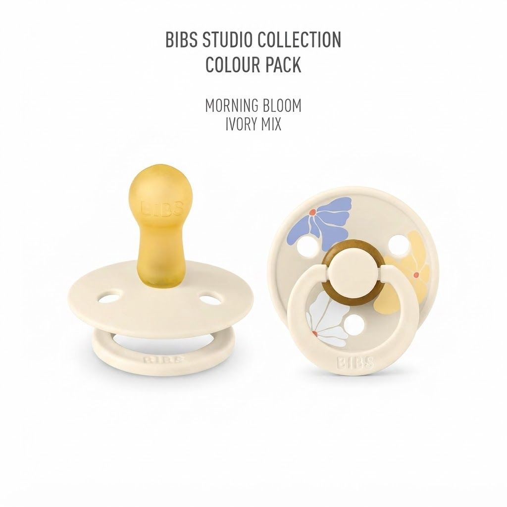 BIBS Morning Bloom Latex Pacifiers Studio Colour Size 2 6+ Months 2 Pack, Timeless And Elegant Design, Lightweight Shield - Ivory Mix