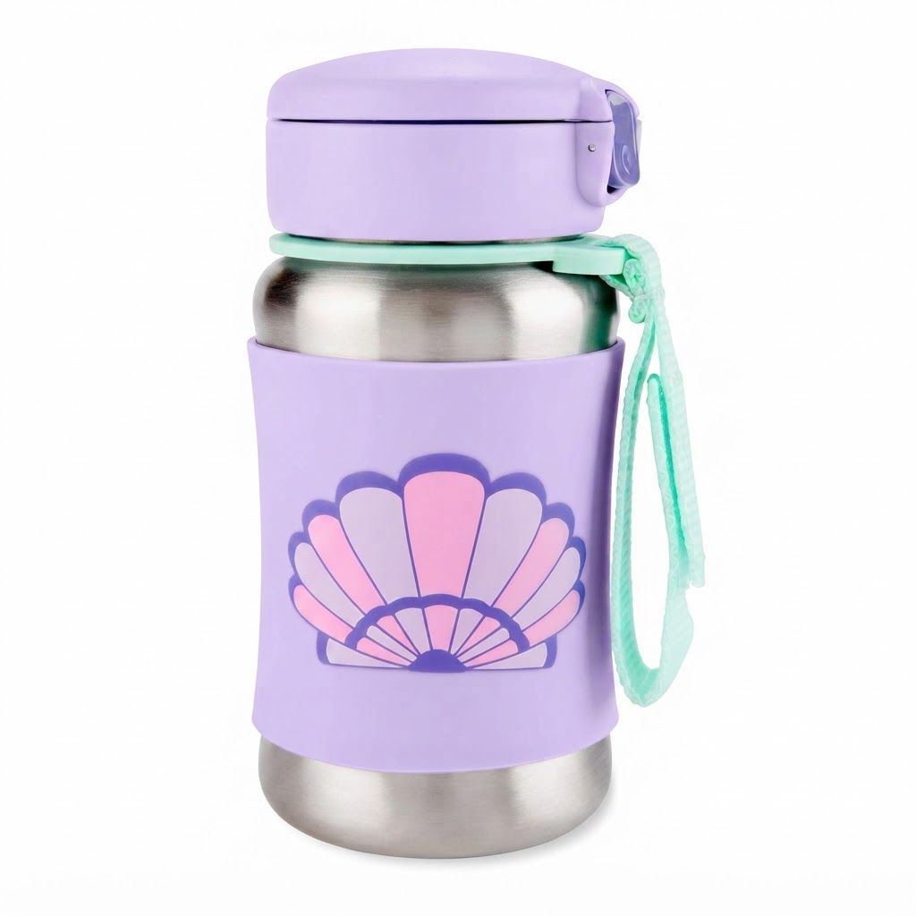 Skip Hop Seashell Spark Style Stainless Steel Kids Straw Bottle 12+ Months 350ml, Comfortable No Slip Silicone Grip, Flexible Straw Flips - Multicolour
