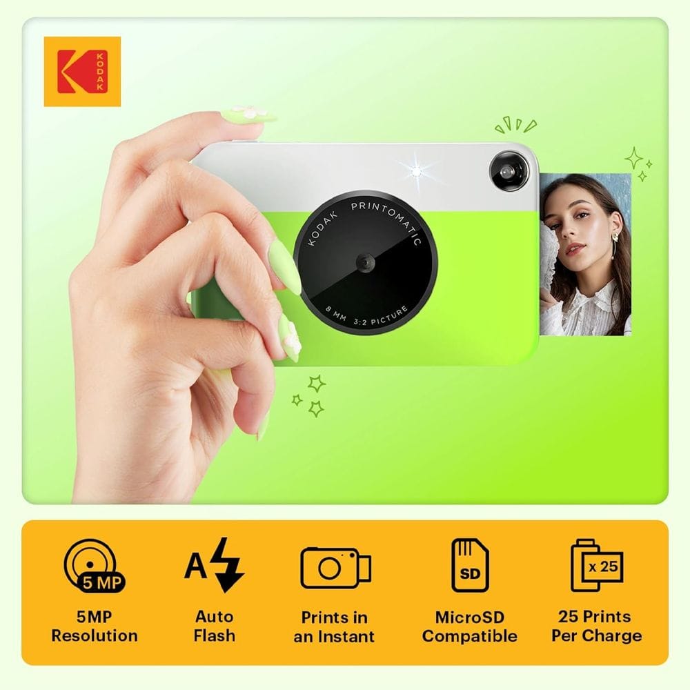 Kodak Printomatic Instant Print Camera, 5MP Sensor, Instant 2x3-Inch ZINK Photo Printing, Auto Flash, Optical Viewfinder & MicroSD Support | Green - 840102198508