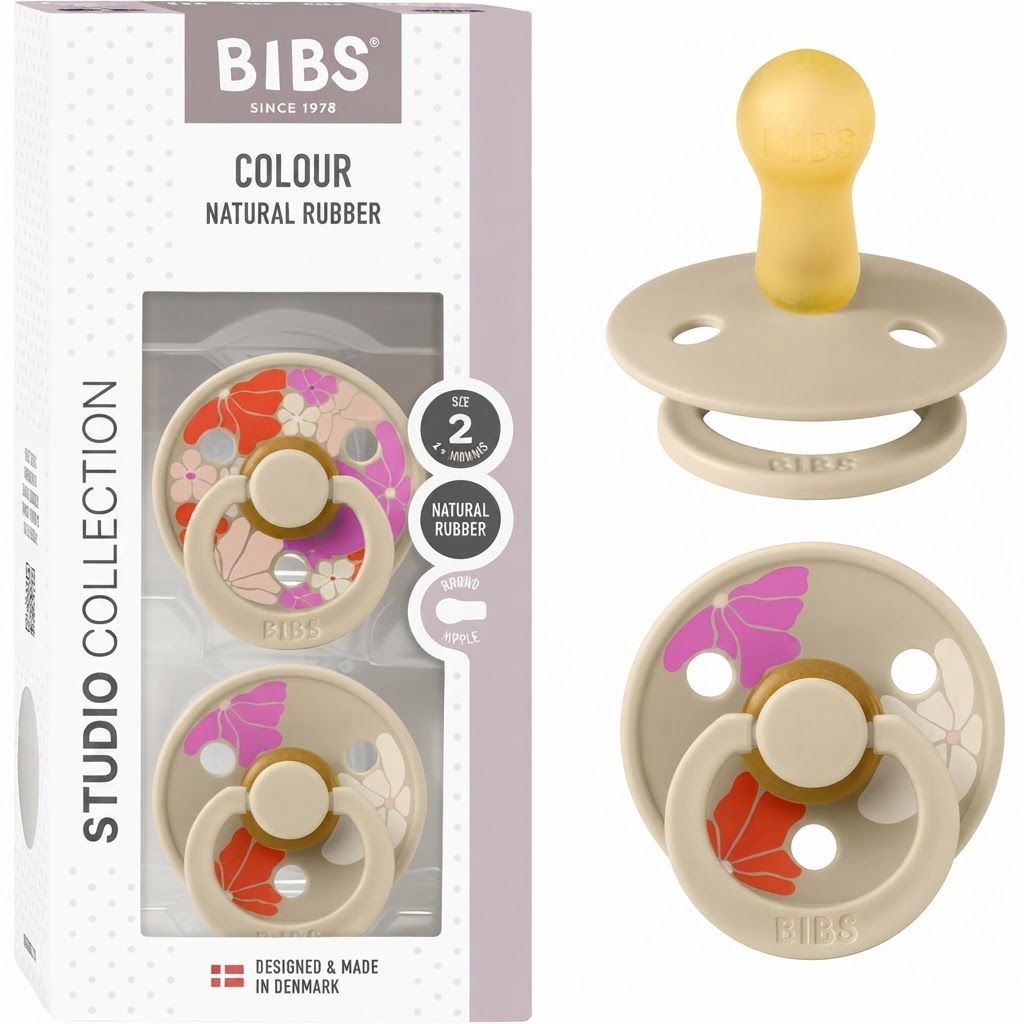 BIBS Morning Bloom Latex Pacifiers Studio Colour Size 2 6+ Months 2 Pack, Timeless And Elegant Design, Lightweight Shield - Vanilla Mix