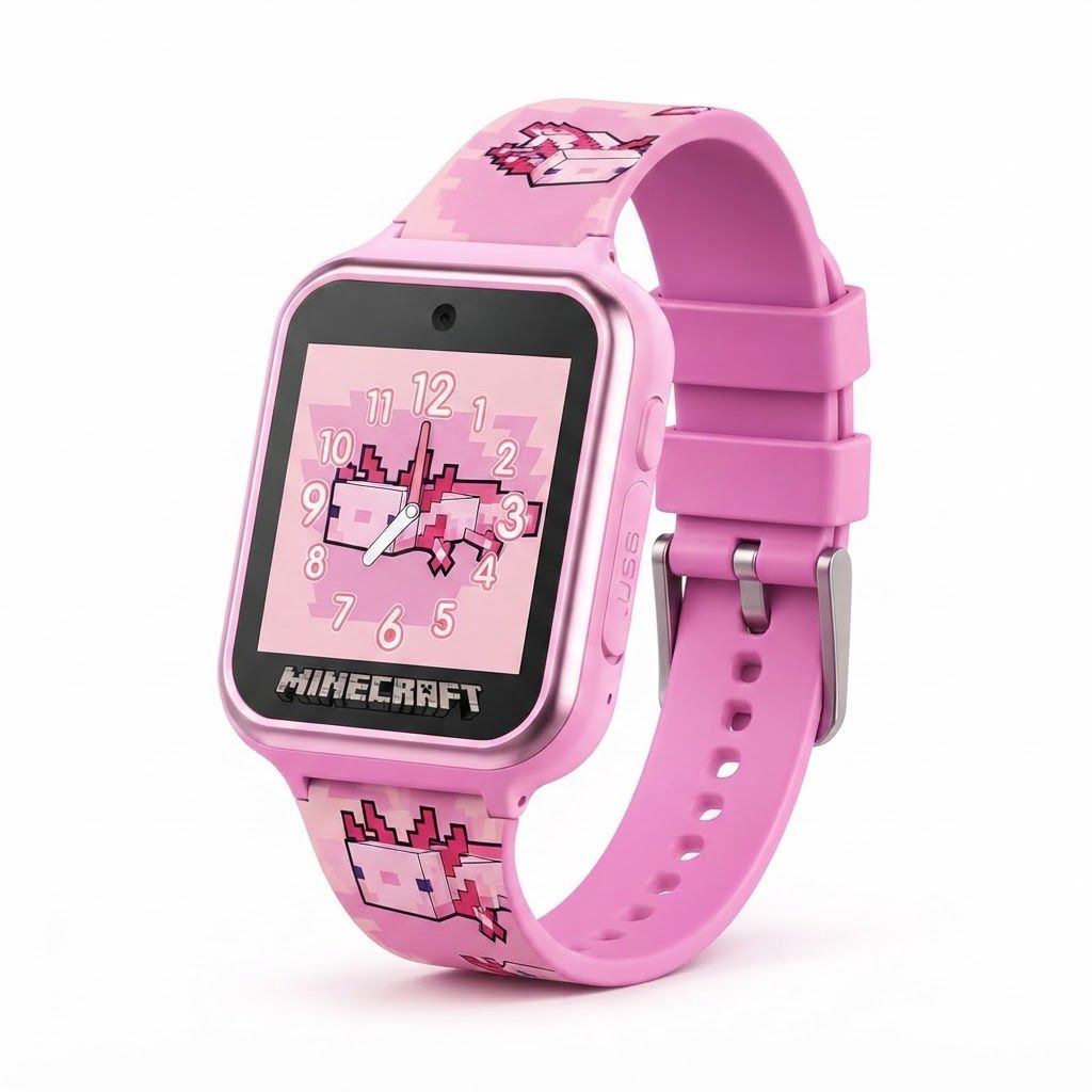 Minecraft Kids Smartwatch – Pink Axolotl Design, Selfie Camera, 10 Watch Faces, Games, Step Counter, Voice Recorder, Alarm & Timer