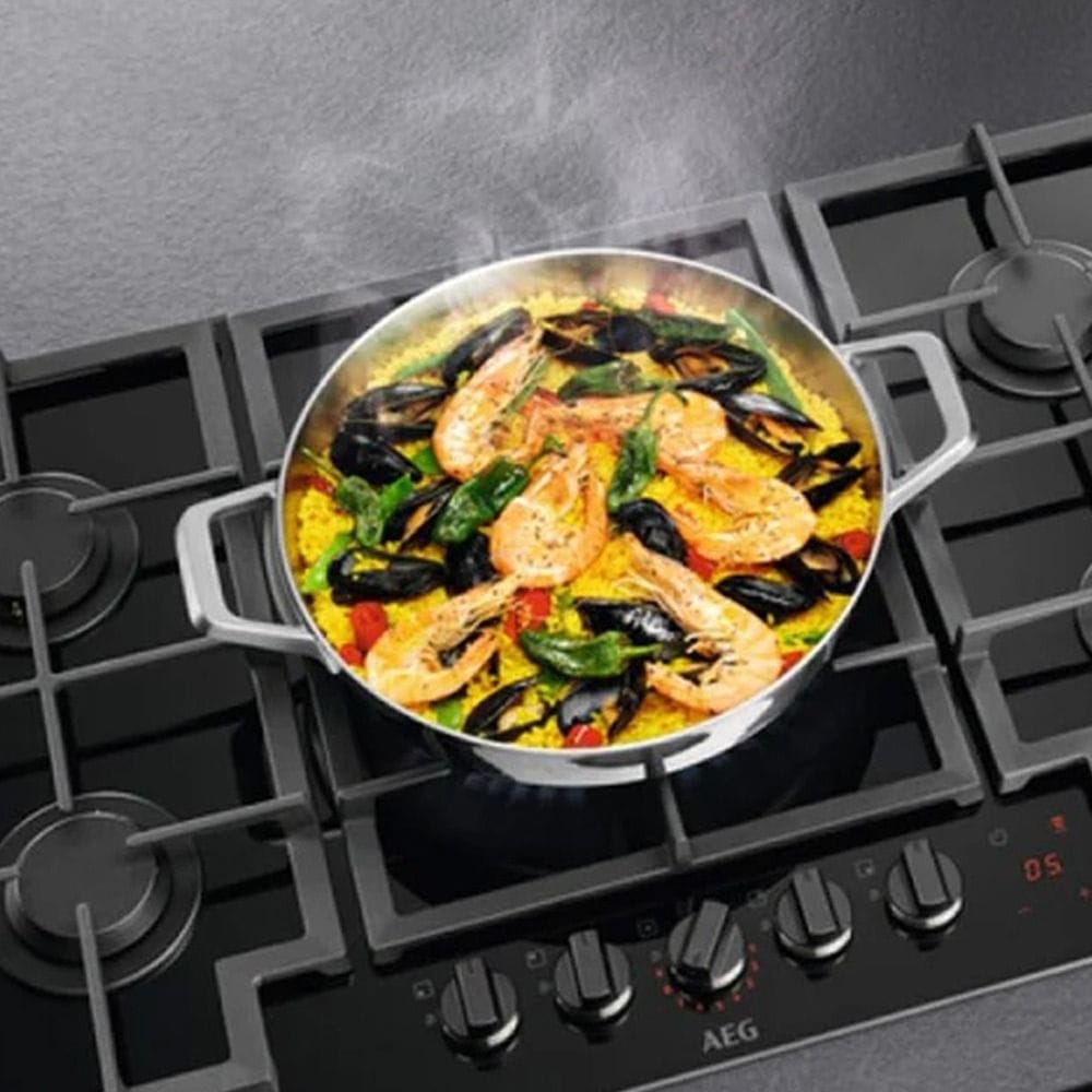 AEG 90cm Gas-on-Glass Hob, 5 Gas Burners, FlameLight Controls, StepPower Heat Control, Cast Iron Pan Supports | Black - HKB95451NB