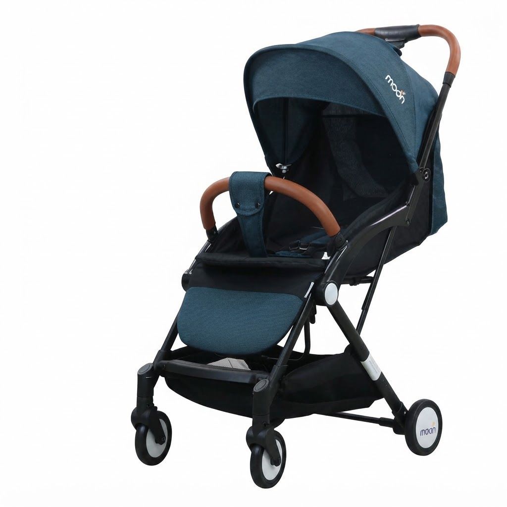 The Moon Brand Ritzi Lightweight Travel Stroller, Compact Cabin Foldable Pushchair with Reclining, Up to 18 kg, 0 Months+, 5-Point Safety Belt | Black/Blue 