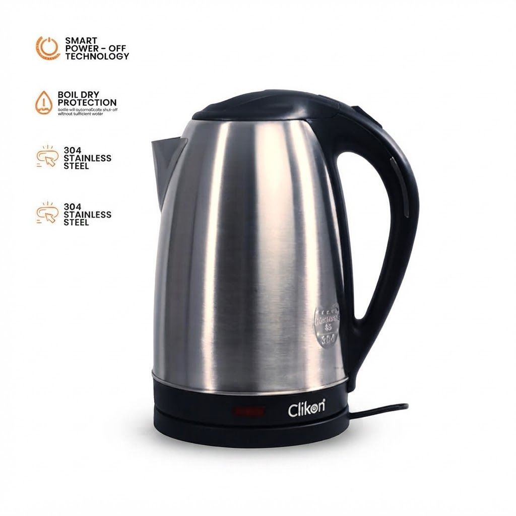 Clikon Stainless Steel Electric Kettle, 2.5L Capacity, 1500W, 360° Swivel Base, Auto Shut-Off, LED Indicator | Silver - CK5131