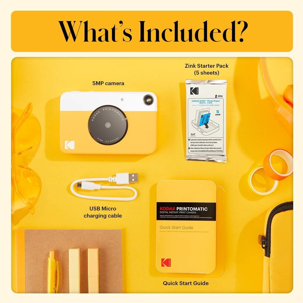 Kodak Printomatic Instant Print Camera, 5MP Sensor, Wide-Angle f/2 Lens, Instant 2x3-Inch ZINK Photo Printing, MicroSD Storage | Yellow - 840102192063