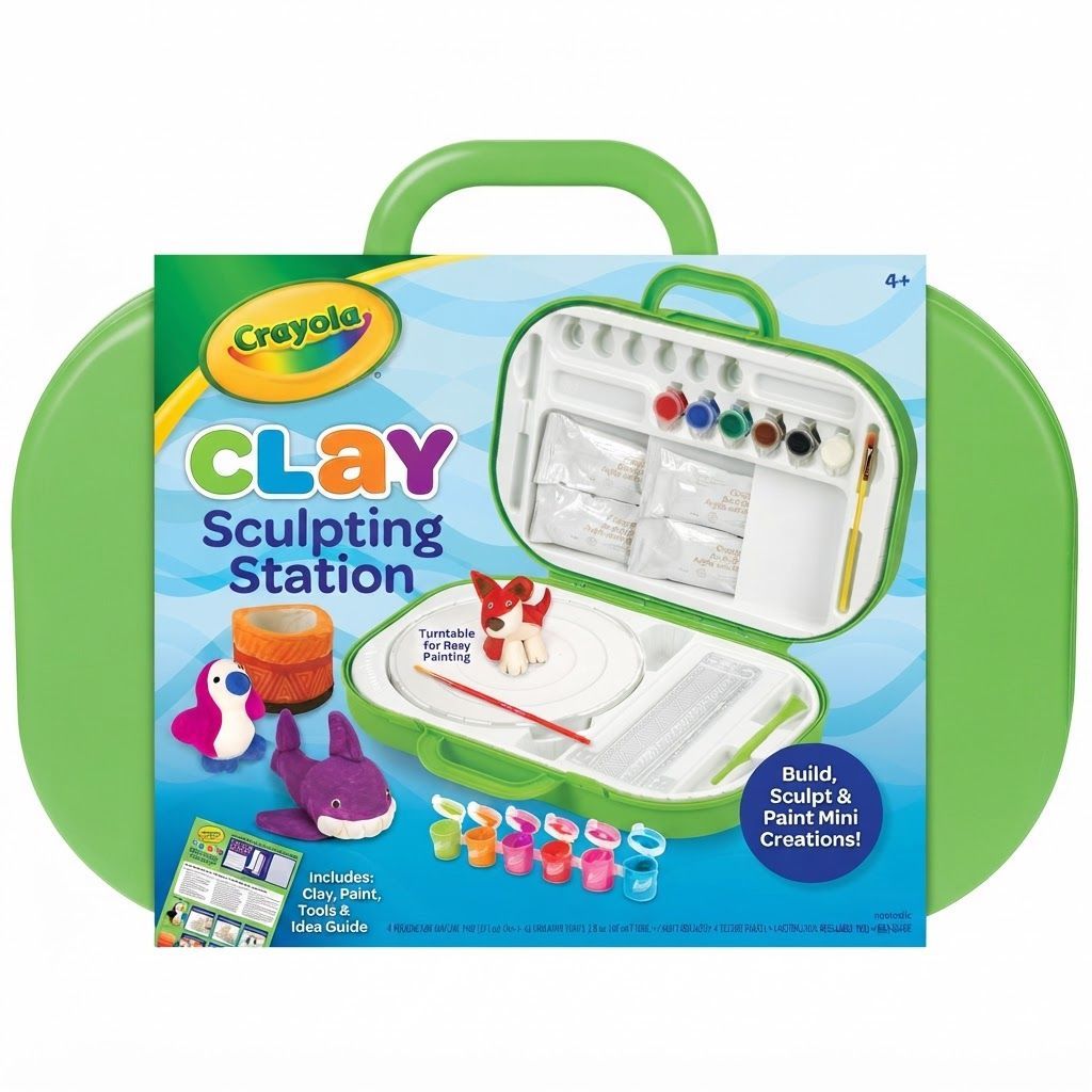 Crayola Clay Sculpting Station with Pottery Wheel, Kids Art Set for Boys & Girls Ages 6-9, Green – 6-9 Years, Air Dry Clay