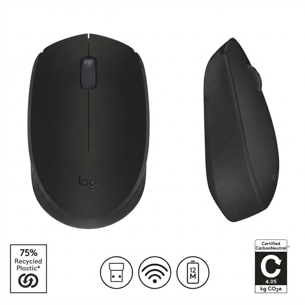 Logitech M171 Wireless Mouse, 2.4 GHz USB Mini Receiver, Optical Tracking |Black