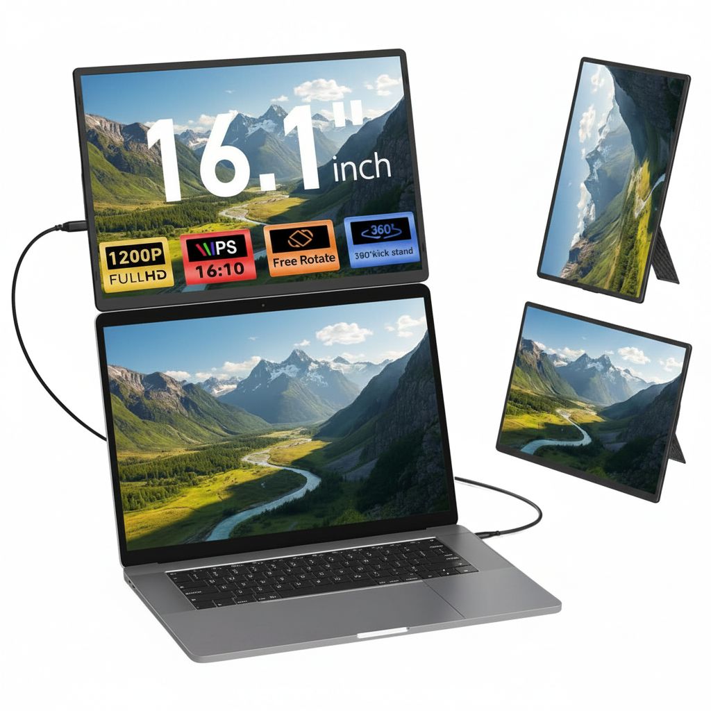 V2COM 16.1" Portable Laptop Monitor Extender, FHD 1200P 16:10 Display, Height-Adjustable Case Stand, 360 Rotation, USB-C/HDMI - N2- Black 