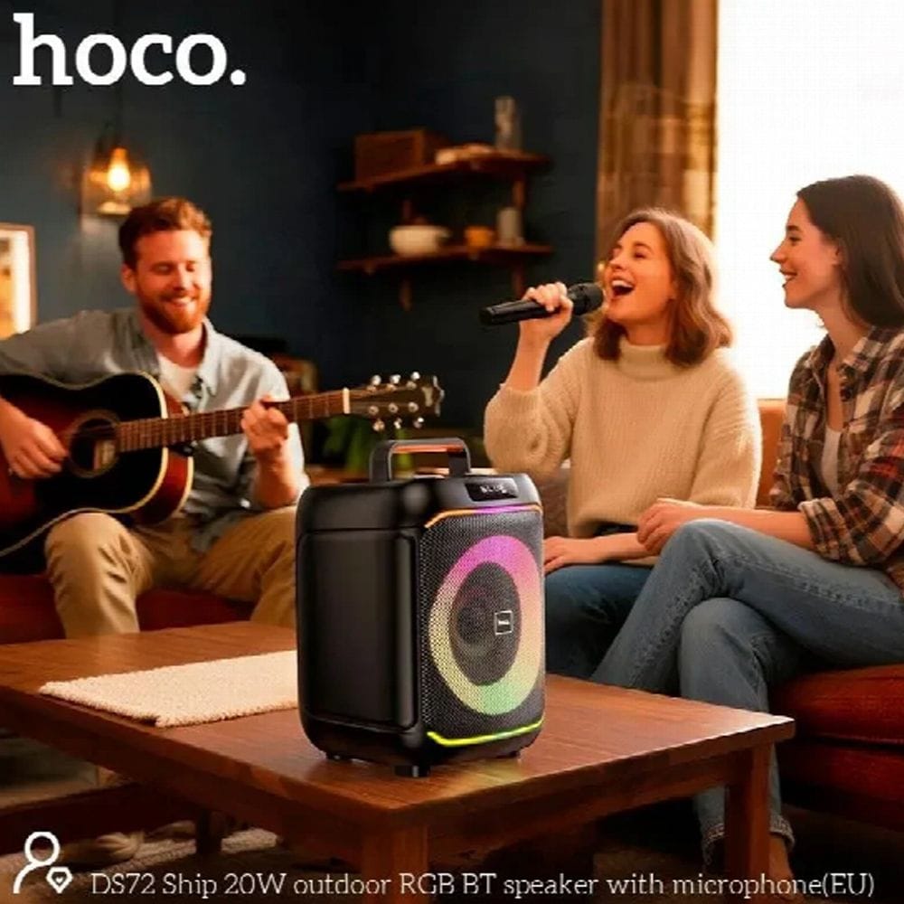 HOCO DS72 8-Inch Portable Bluetooth Speaker, 20W Wireless Karaoke Speaker with Wireless Microphone, RGB Lights - Black