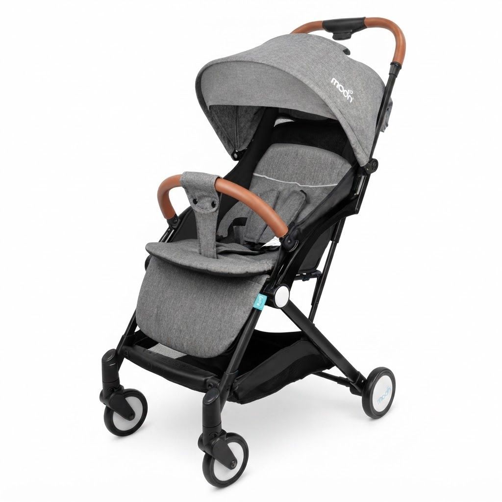 The Moon Brand Ritzi Cabin Stroller, Ultra Lightweight Travel Baby Pushchair Compact Fold Birth to 3 Years, 5-Point Safety Harness | Black and Grey 