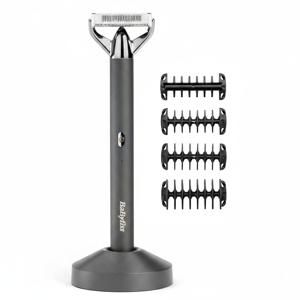 ماكينة تشذيب اللحية BaByliss X-BLADE، مقاومة للماء، تعمل ببطارية ليثيوم أيون، مزودة بـ 4 أمشاط بأطوال من 1 إلى 5 مم - رمادي