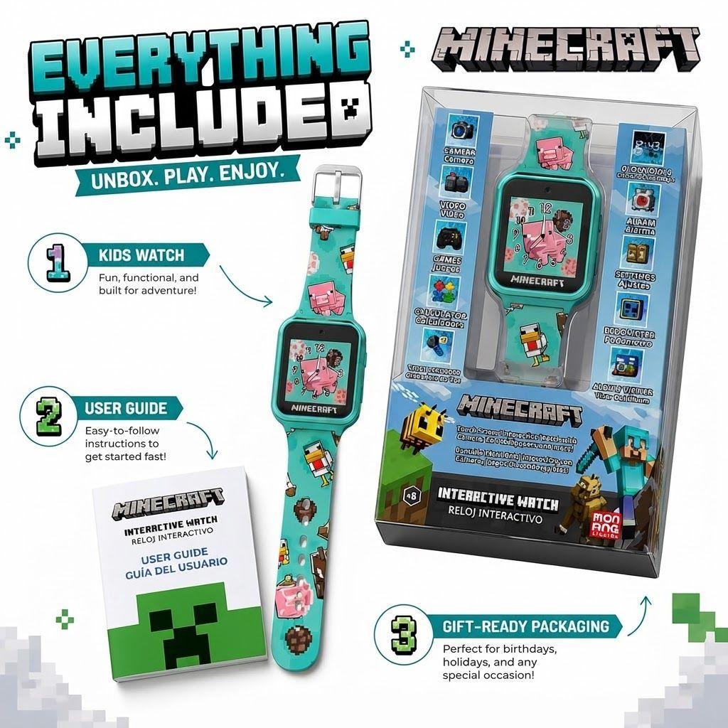 Minecraft Kids Smartwatch – Interactive Touchscreen Watch with Selfie & Video Camera, 6 Games, Step Counter, Voice Recorder, Alarm & Timer