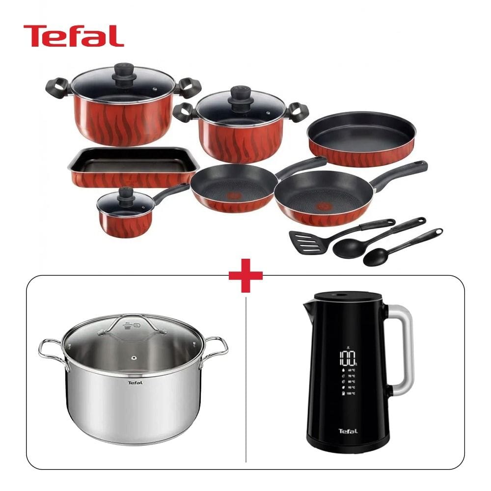 Tefal G6 Tempo Flame 14-Piece Cookware Set Red C3079383 + Intuition Stockpot 28cm B8649004 + Smart'N Light Digital Kettle 1.5L KO853 Bundle (603001000017120 + 603001000016991 + 603001000003958)