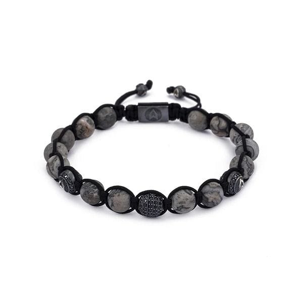 Atolyewolf Matt Grey Jasper Shambala Bracelet, Natural Jasper Stone Beads, Oxide Plated 925 Sterling Silver Balls, CZ Diamond Details & Logo | Grey