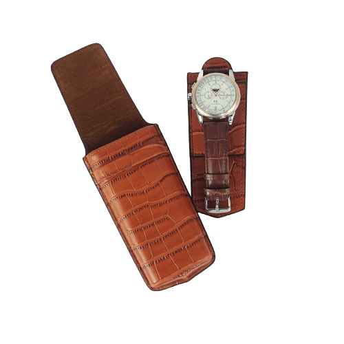 Luxury Signature Leather Single Travel Watch Case, Real Croco Pattern Leather, Brown Finish, Velvet Lining, 49/60x150x3mm