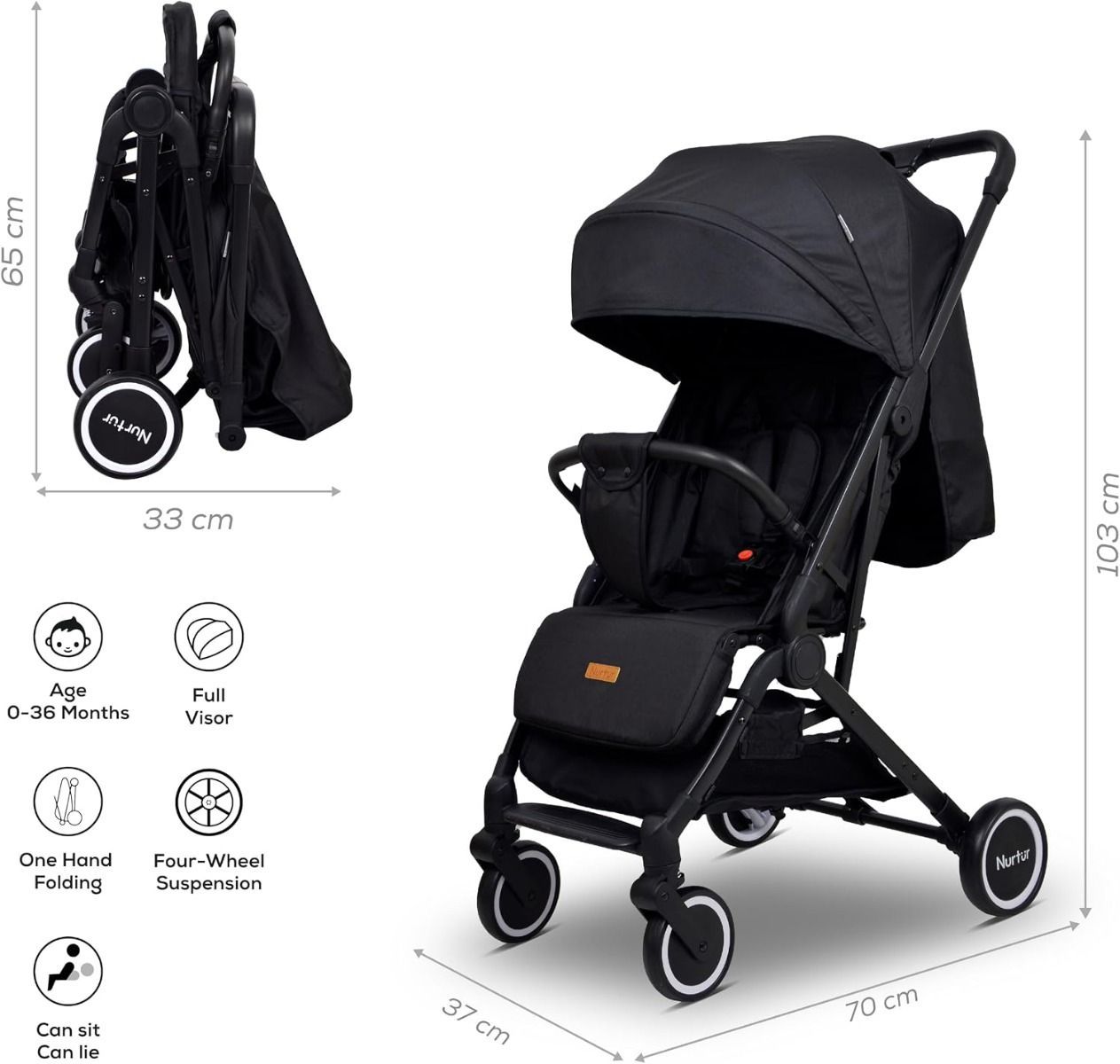 Nurtur Bravo Lightweight Travel Stroller for Baby & Kids, Compact Foldable Design, 5-Point Safety, 0-36 months | Black