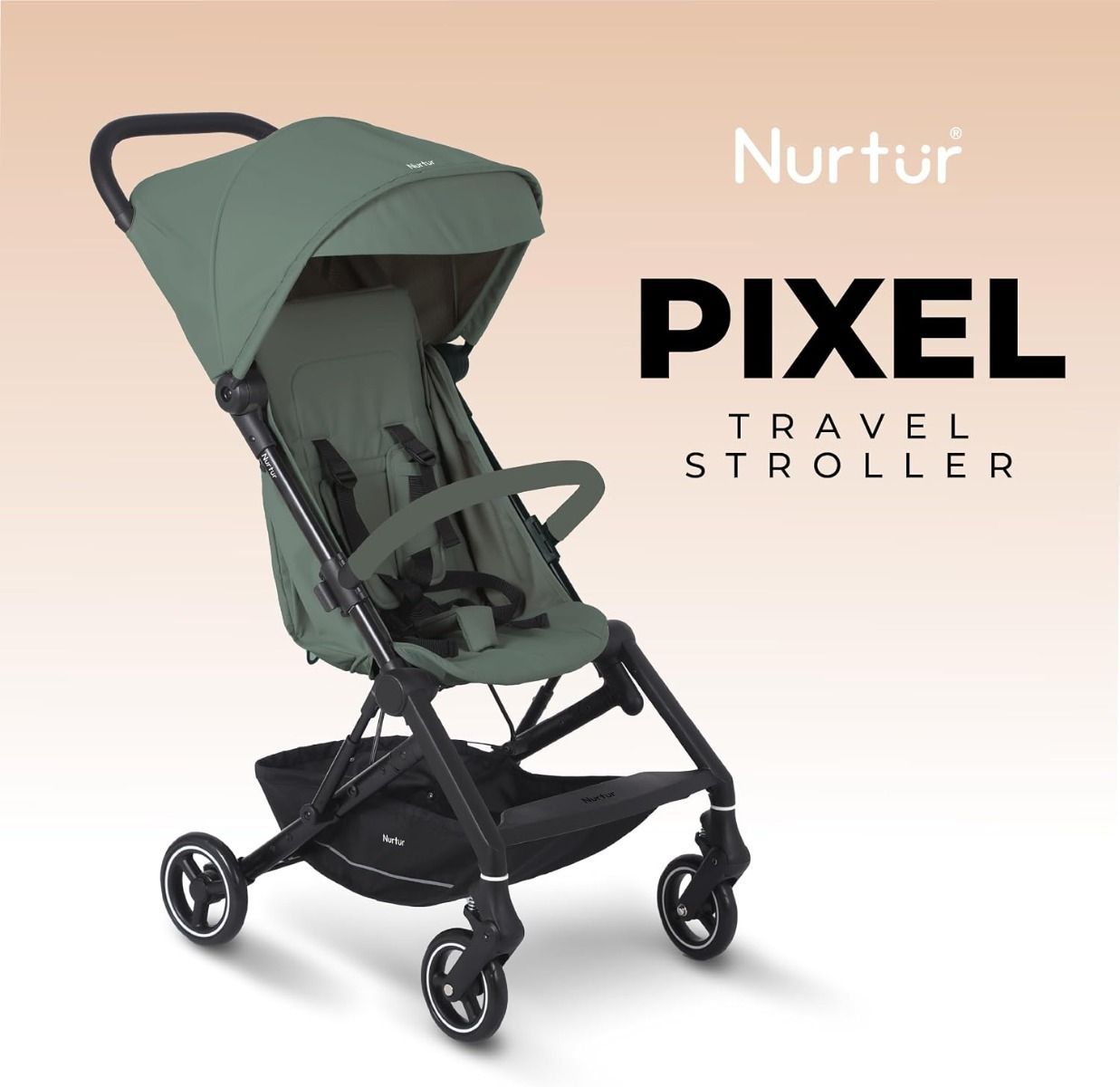 Nurtur Pixel Compact Travel Stroller - Lightweight 5.9kg Cabin-Approved Baby Buggy with One-Hand  Sand, 0-36 Months, 5-Point