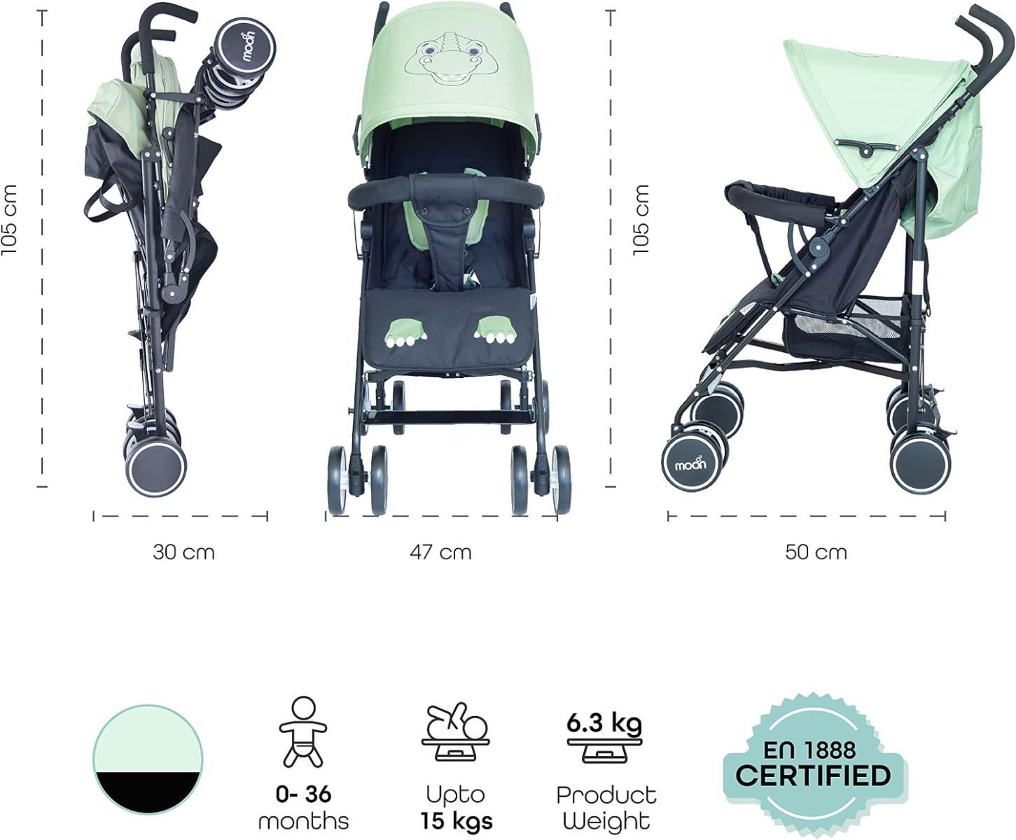 The Moon Brand Safari Dinosaur Umbrella Stroller Lightweight Compact Travel Baby Stroller Up to 15 kg, 0-36 Months, 5-Point Safety Harness, Umbrella Fold