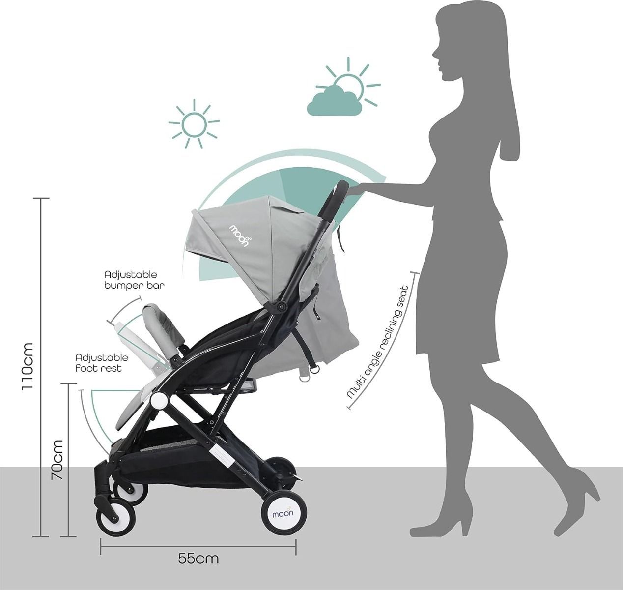 The Moon Brand Ritzi TravelLite Stroller, Compact Folding Cabin Pram for Air Travel, 18 kg, Birth to 3 Years, 5-Point Harness | Light Grey