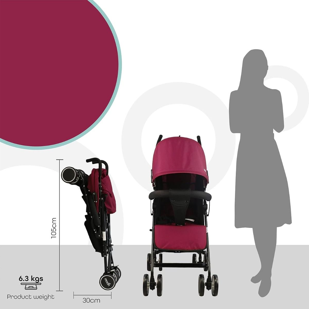 The Moon Brand Neo Plus Lightweight Travel Stroller - Compact Umbrella Fold Pushchair for Newborns Dark Red, Up to 18 kg, 0 Months+, 5-Point Safety Harness
