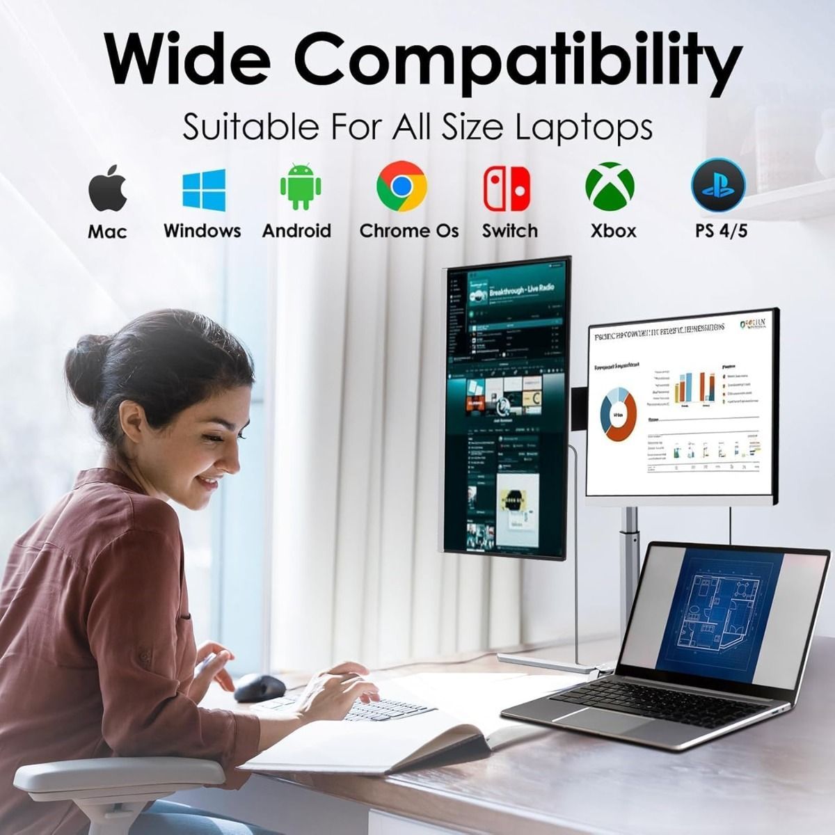 V2COM 15.6'' Portable Triple Monitor - Ultra-Thin IPS Screen Extender, Narrow Border, Compatible with Mac, Windows, Chrome - Z2