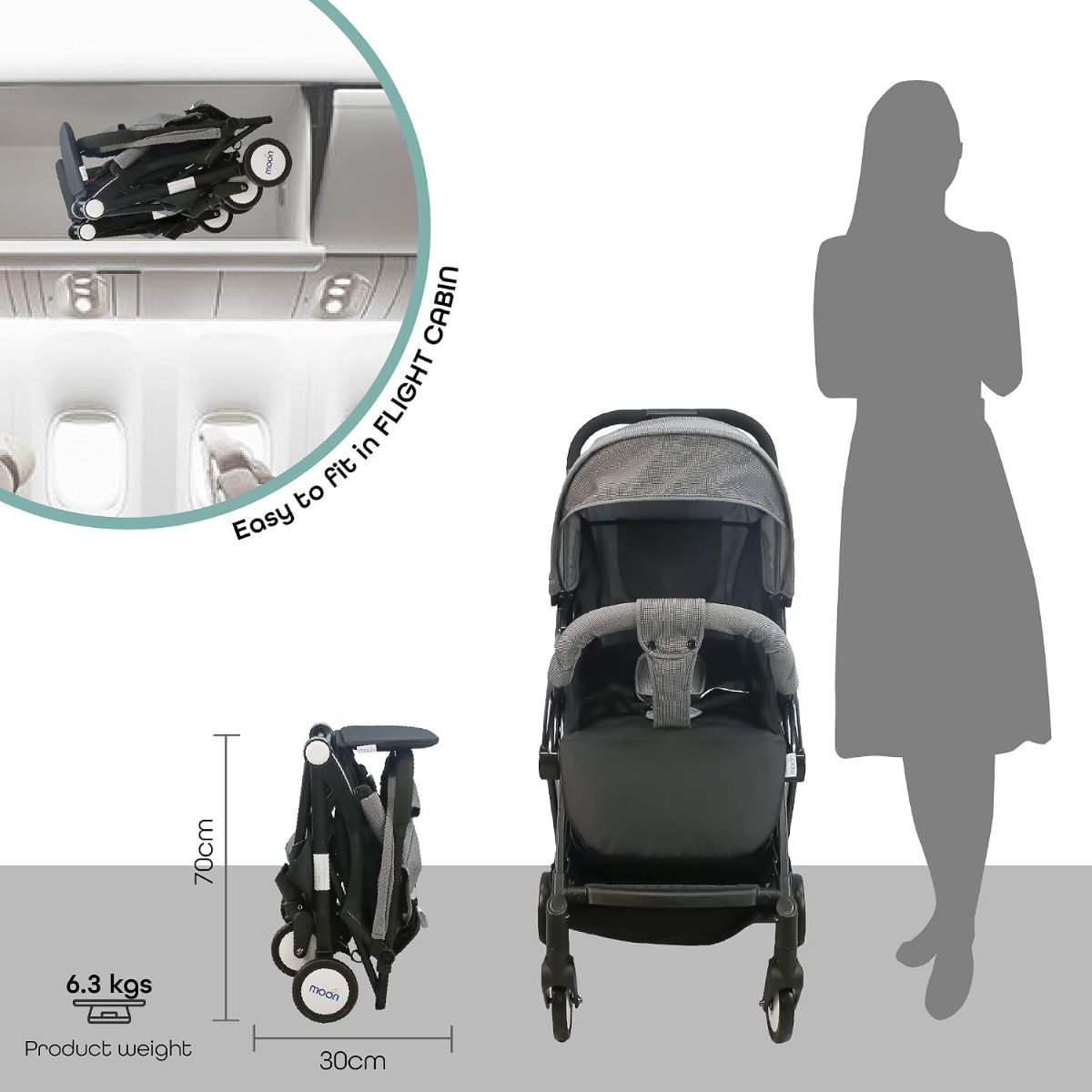 The Moon Brand TravelLite Compact Cabin Stroller - Lightweight Foldable Pushchair for Baby, Up to 18 kg | Black/Grey 