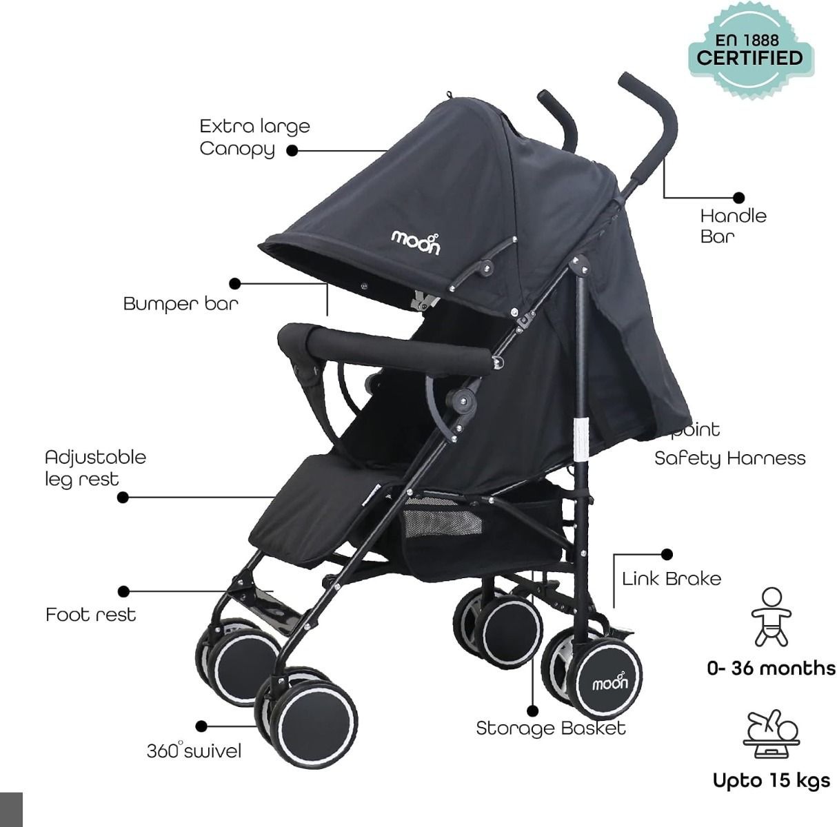 The Moon Brand Neo Plus Lightweight Travel Stroller, Foldable Umbrella Pushchair Up to 18 kg, 0 Months and up | Dark Grey