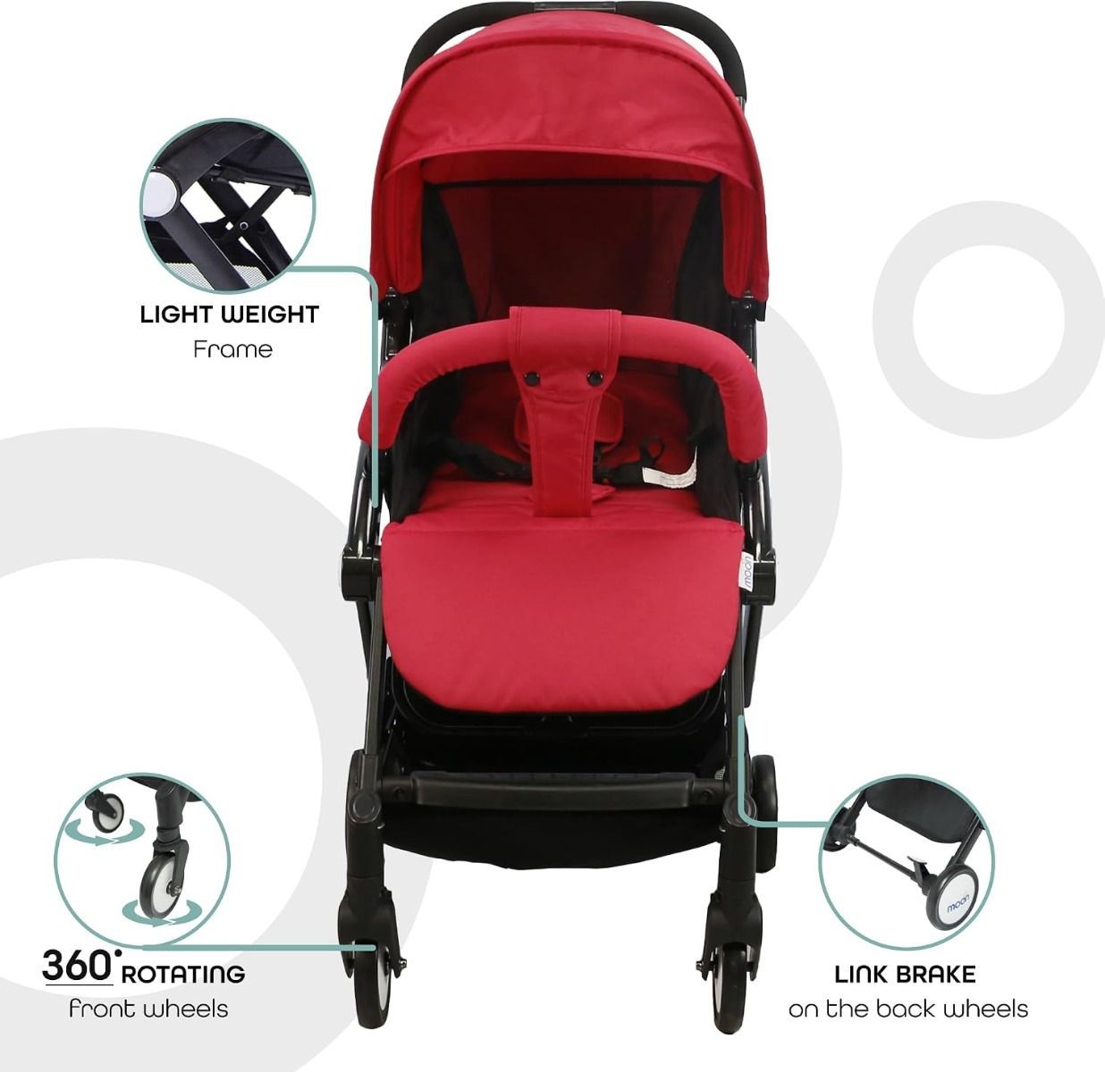 The Moon Brand Ritzi TravelLite Compact Stroller - Fire Red, Lightweight Cabin-Approved Pram 18 kg, Birth to 3 Years, 5-Point Harness, One-Hand Compact Fold