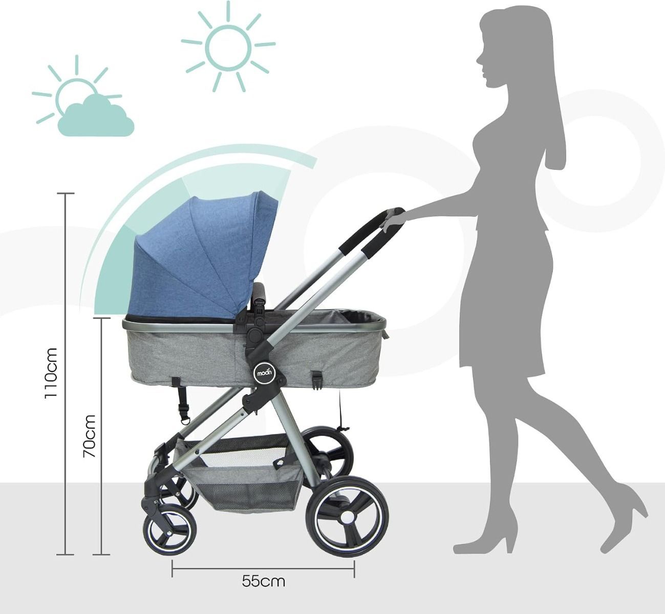 The Moon Brand Pro 2-in-1 Convertible Stroller and Bassinet for Newborns to 3 Years (Up to 18kg) 5-Point Harness | Blue