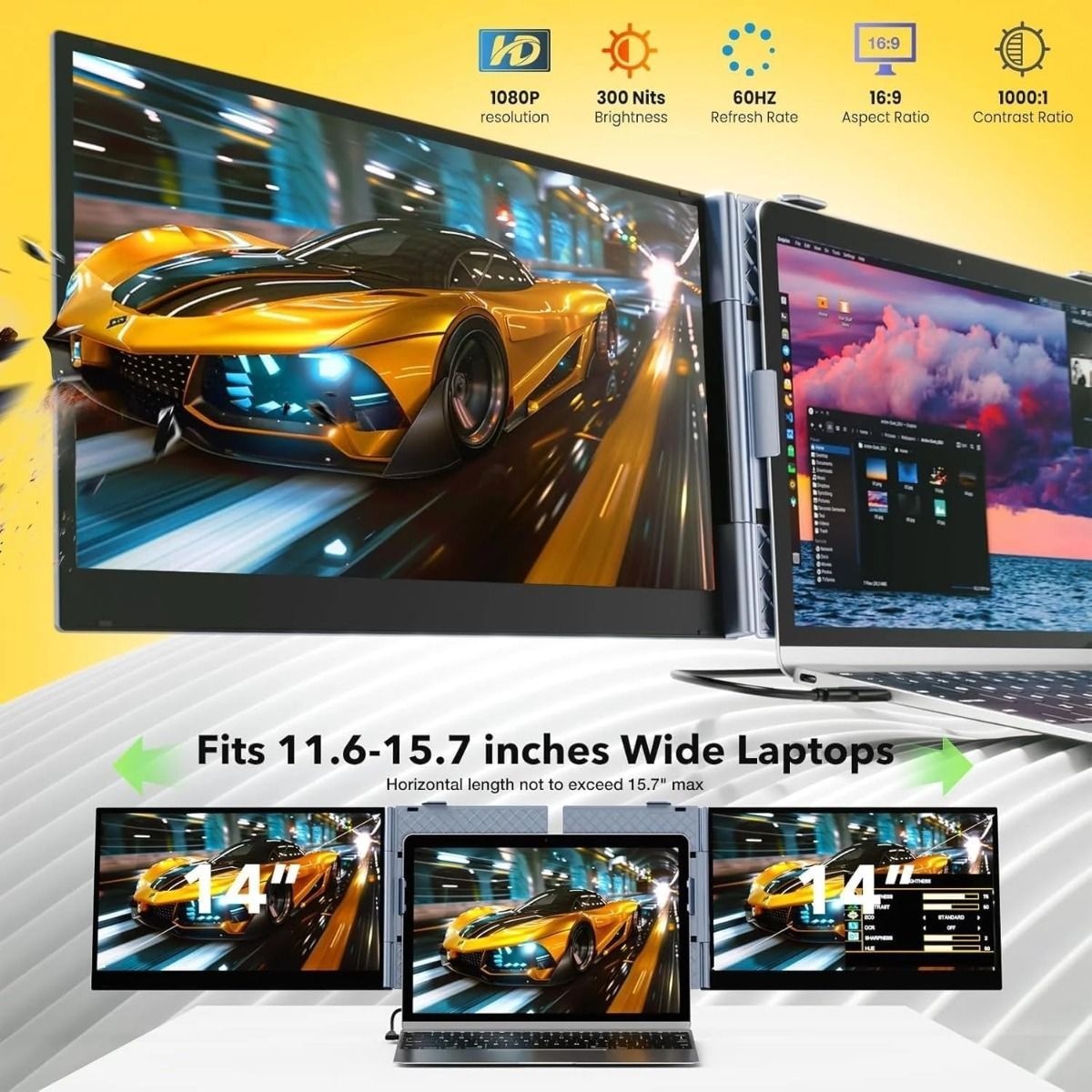 V2COM 14" Triple Laptop Screen Extender, One Cable USB-C Portable Monitor, FHD 1080P Ultra-Thin Lightweight Triple Screen for 1317" Laptops - Black