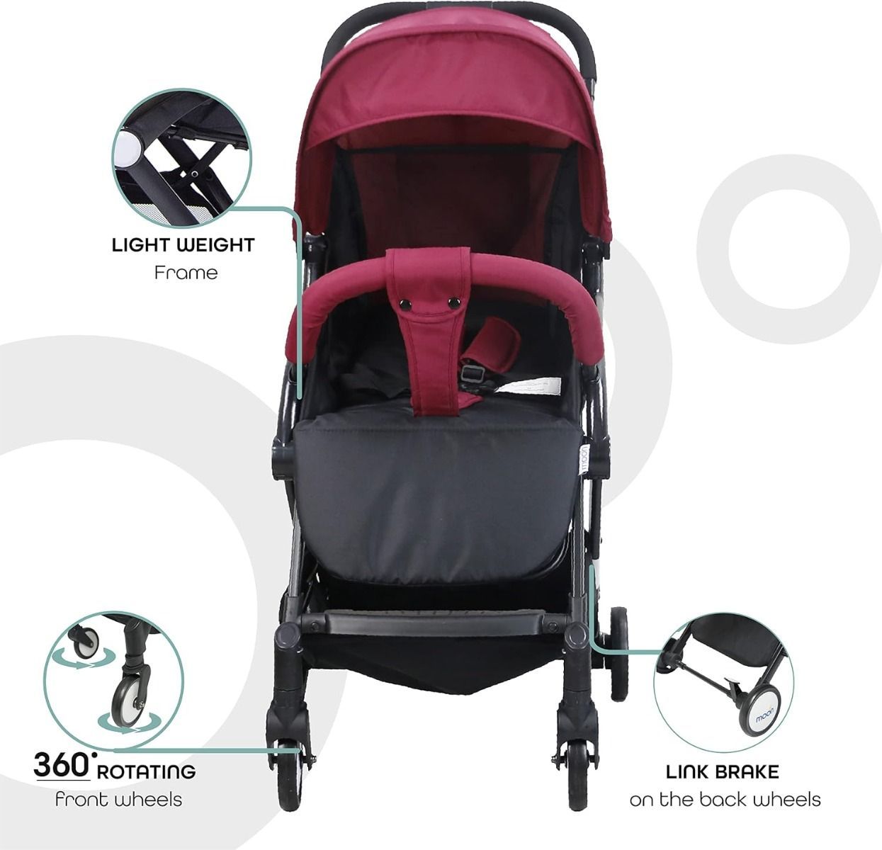 The Moon Brand TravelLite Compact Stroller - Lightweight Foldable Cabin-Friendly Pram for Newborns, 0 - 18 kg, Birth to 3 Years, 5-Point Harness | Dark Red