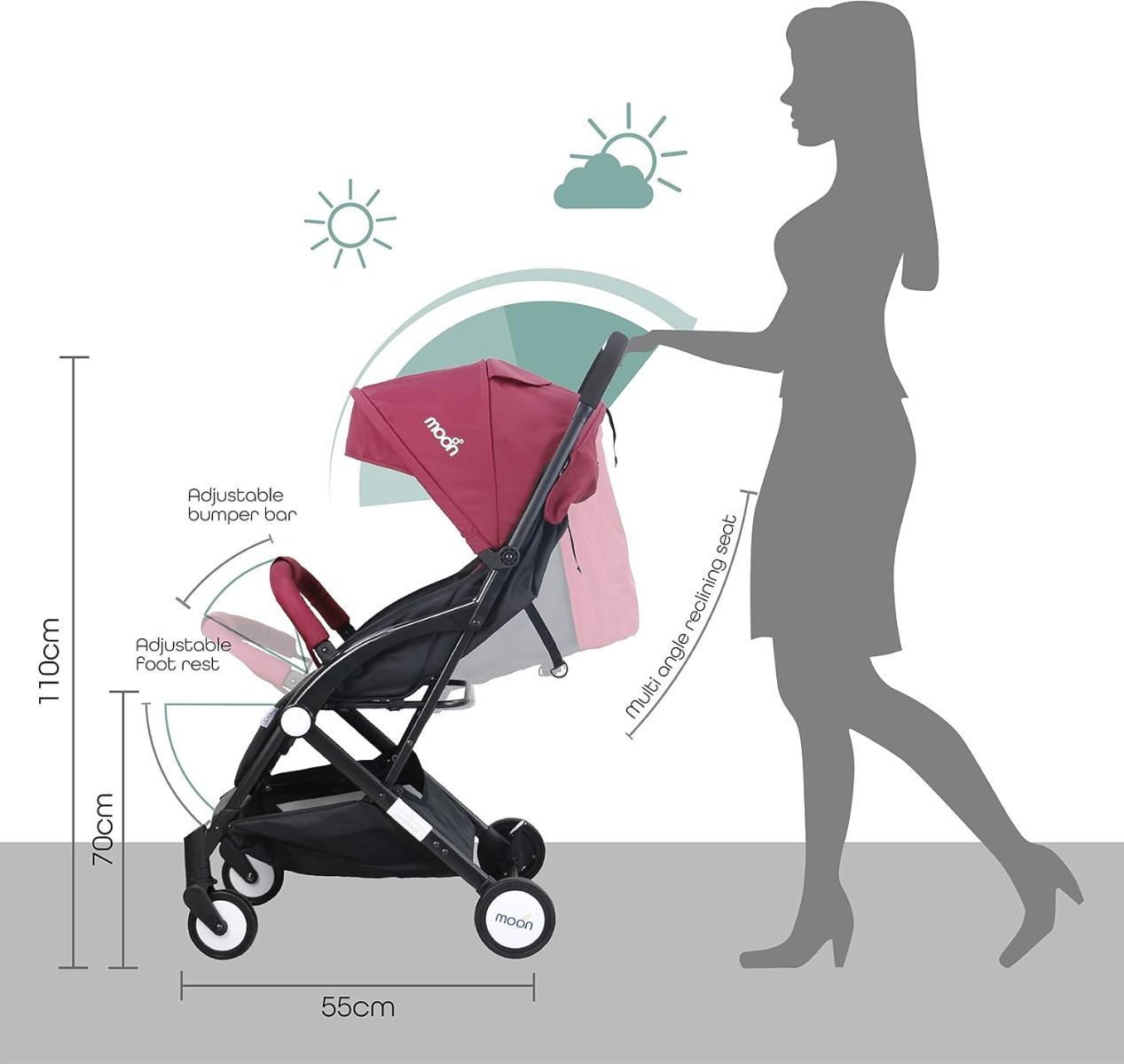 The Moon Brand TravelLite Compact Stroller - Lightweight Foldable Cabin-Friendly Pram for Newborns, 0 - 18 kg, Birth to 3 Years, 5-Point Harness | Dark Red
