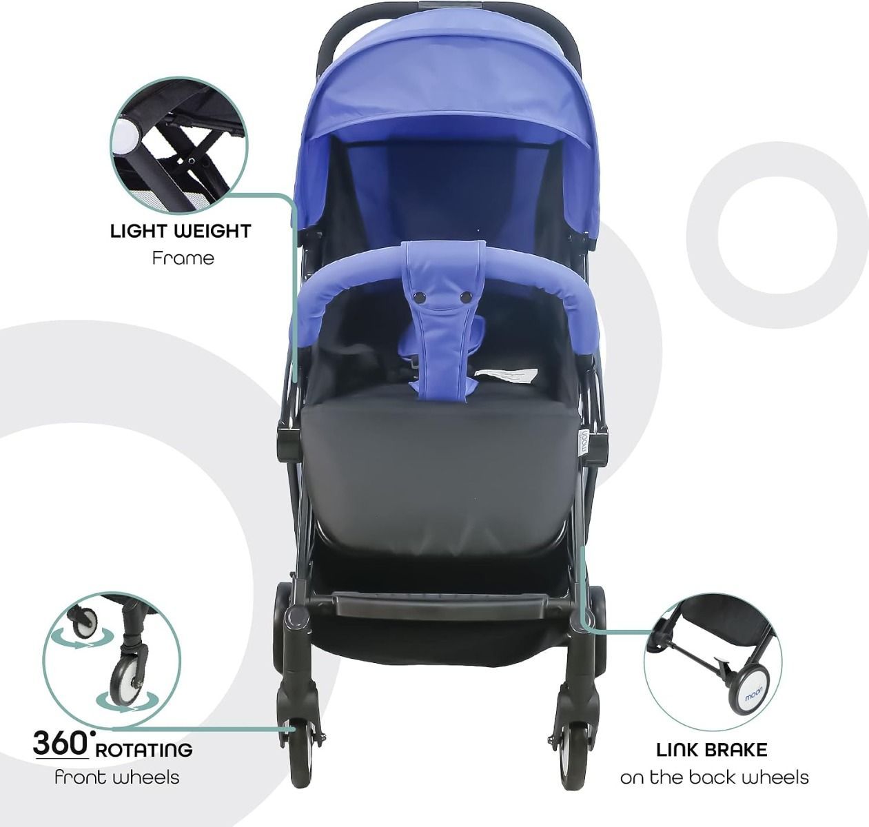 The Moon Brand Ritzi TravelLite Compact Stroller - One-Hand Fold Cabin Pram for Newborns, 0-18kg (up to 3 years), 5-Point Harness |  Cyan Blue