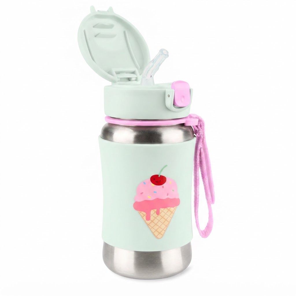 Skip Hop Ice Cream Spark Style Stainless Steel Kids Straw Bottle 12+ Months 350ml, Comfortable No Slip Silicone Grip, Flexible Straw Flips - Multicolour