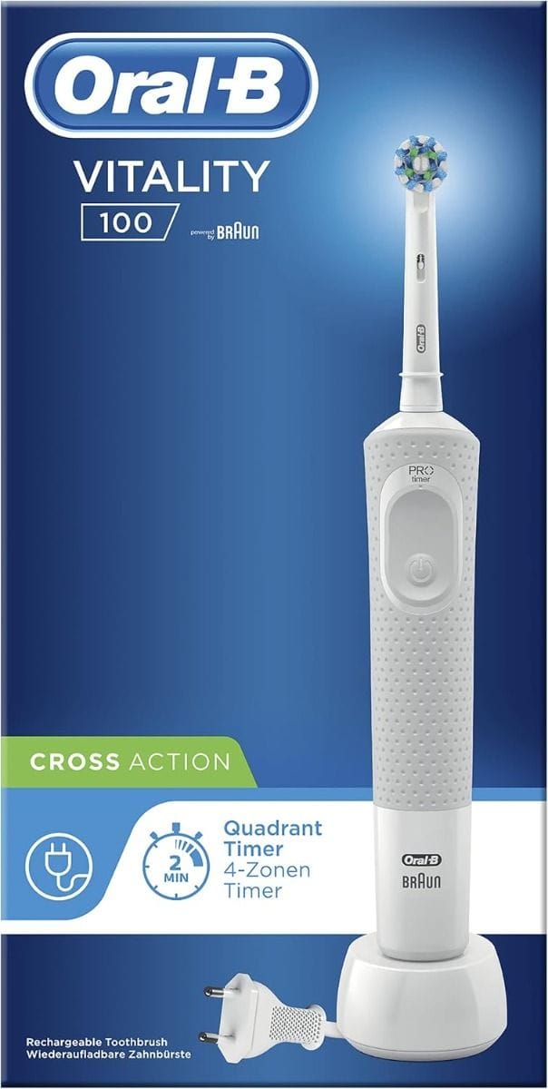 Oral-B Vitality 100 Electric Rechargeable Toothbrush, White - 2D Oscillating & Rotating Cleaning
