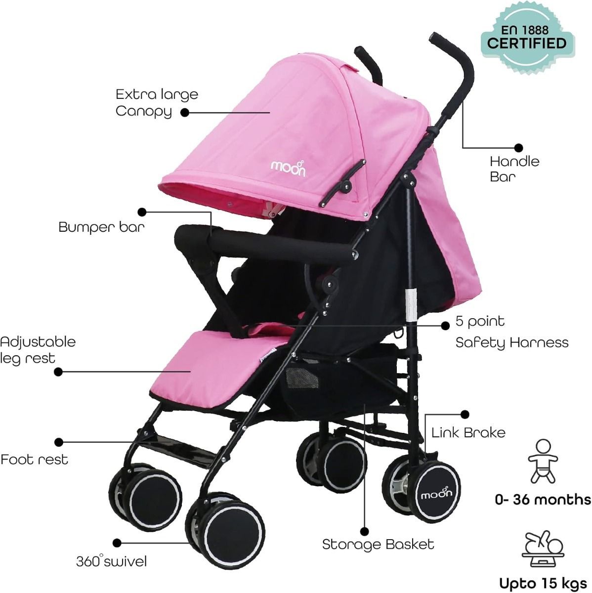 The Moon Brand Neo Plus Lightweight Travel Stroller for Baby & Toddler - Umbrella Fold Up to 18 kg, 5-Point Harness | Pink