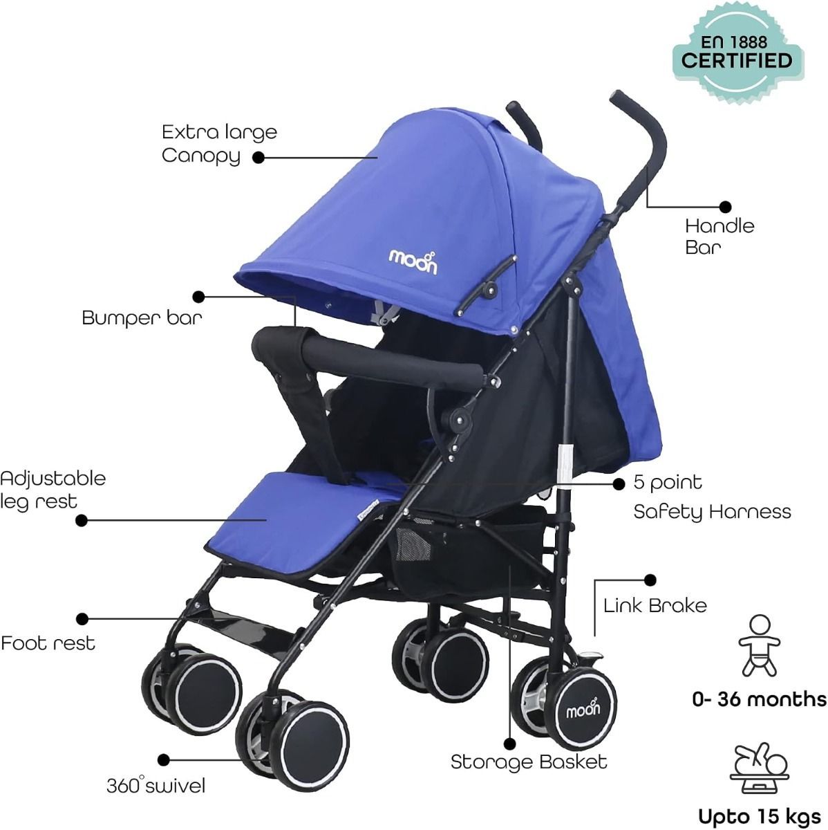 The Moon Brand Neo Plus Lightweight Travel Stroller, Compact Umbrella Fold, 5-Point 18 kg, 0 Months+ | Cyan Blue