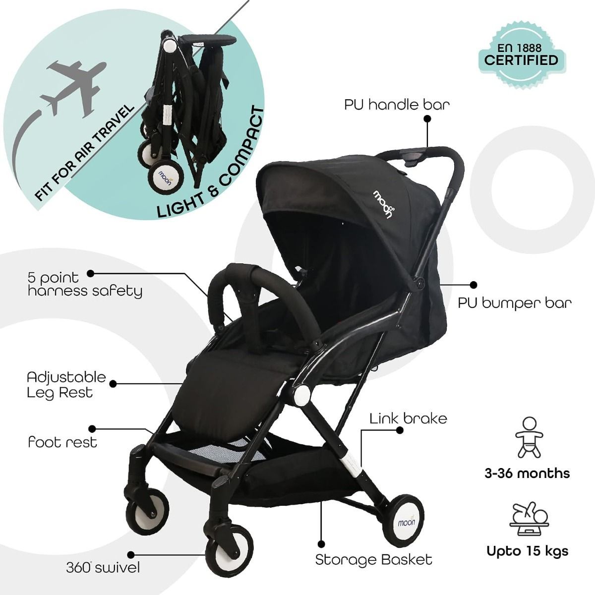 The Moon Brand Ritzi Compact Travel Stroller - Lightweight Foldable Cabin Pram for Newborns to 3 Years, 0-18kg (up to 3 years), 5-Point Harness | Black