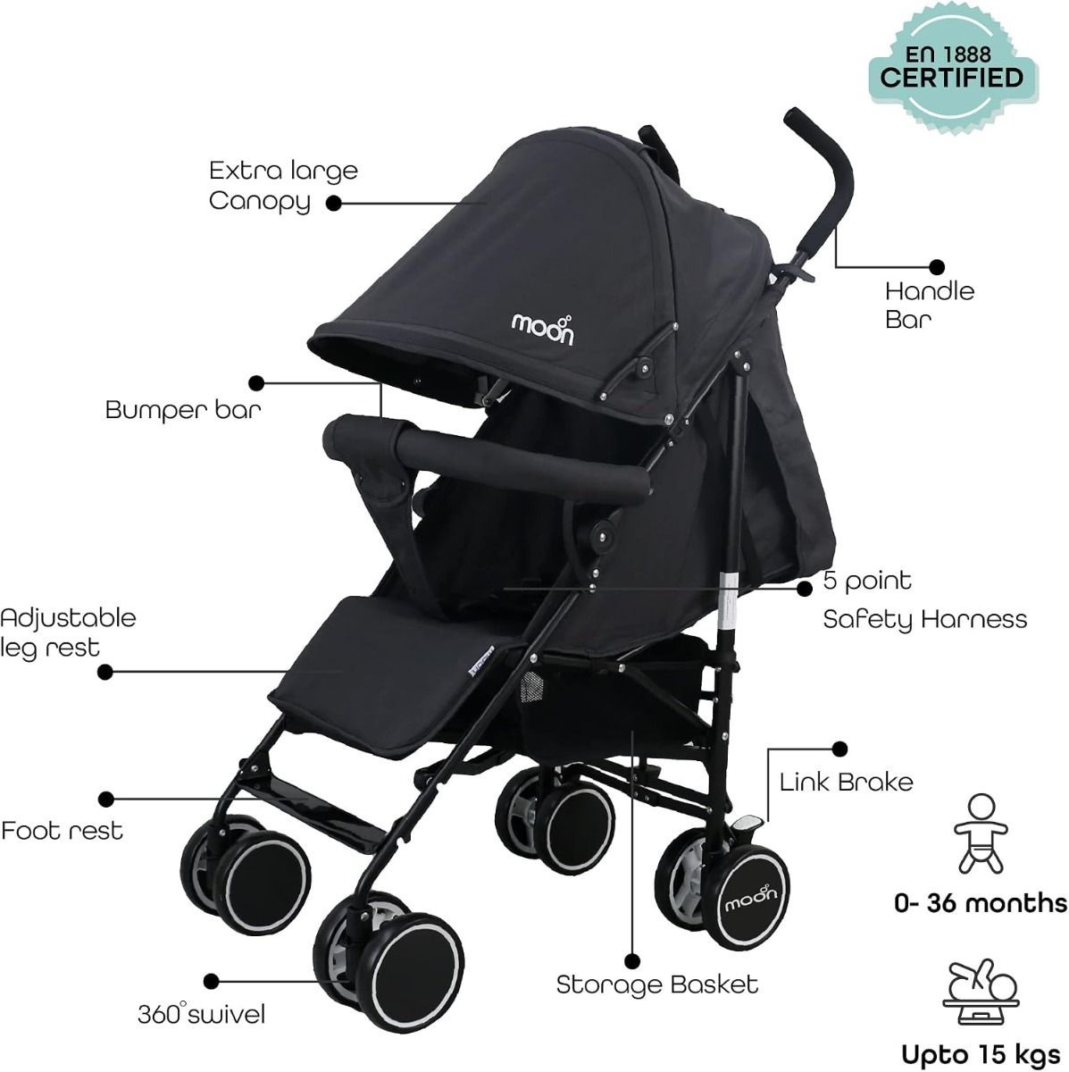 The Moon Brand Neo Plus Lightweight Travel Stroller - Umbrella Fold Pushchair for Newborns | Black