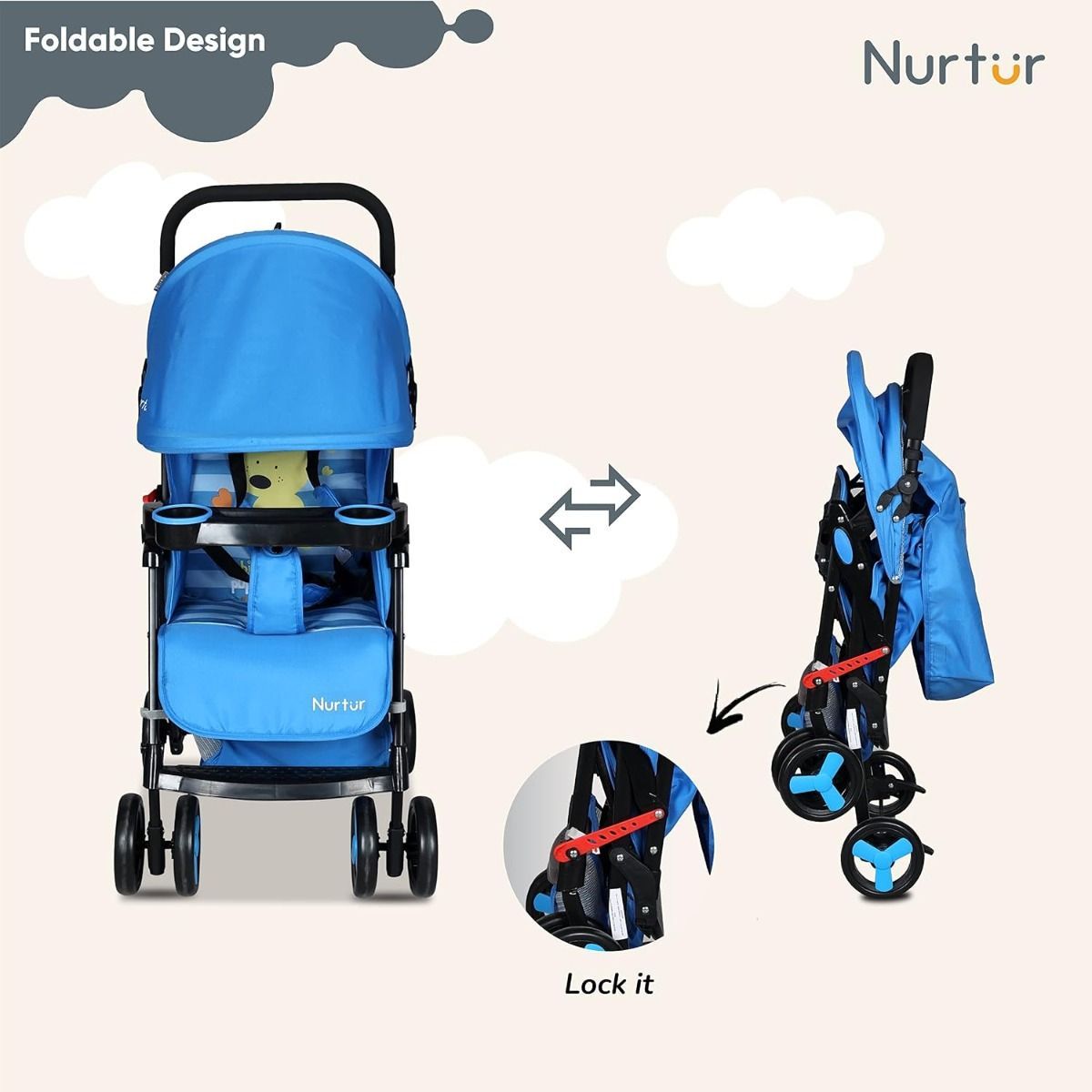 Nurtur Ryder Ultra Compact Lightweight Baby Travel Stroller, Reclining Seat with Food Tray, 0-36 Months, 5-Point | Multicolor