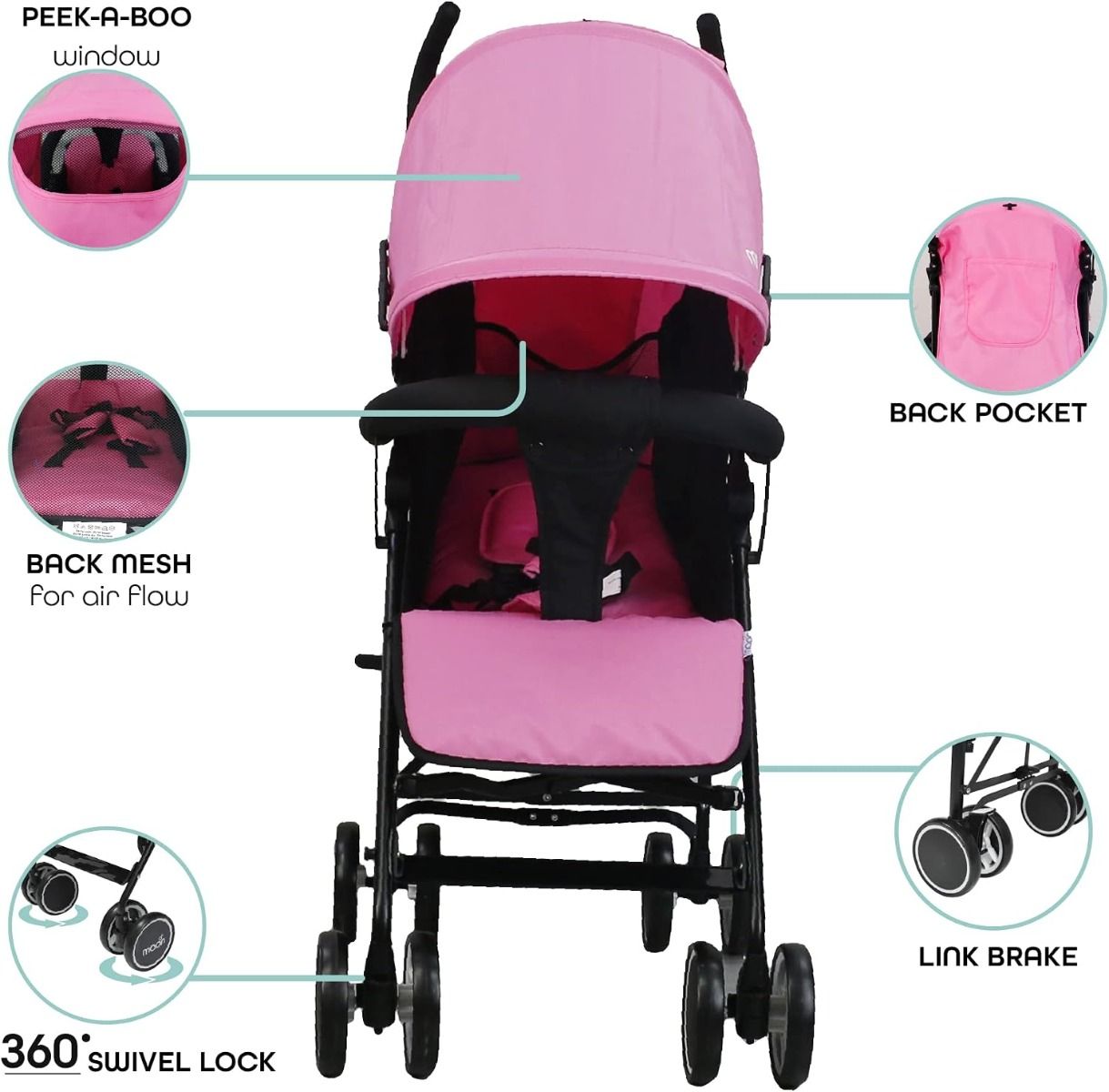 The Moon Brand Neo Plus Lightweight Travel Stroller for Baby & Toddler - Umbrella Fold Up to 18 kg, 5-Point Harness | Pink