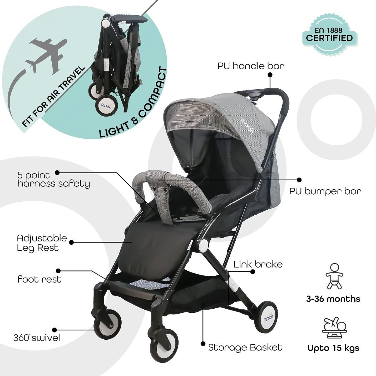 The Moon Brand TravelLite Compact Cabin Stroller - Lightweight Foldable Pushchair for Baby, Up to 18 kg | Black/Grey 